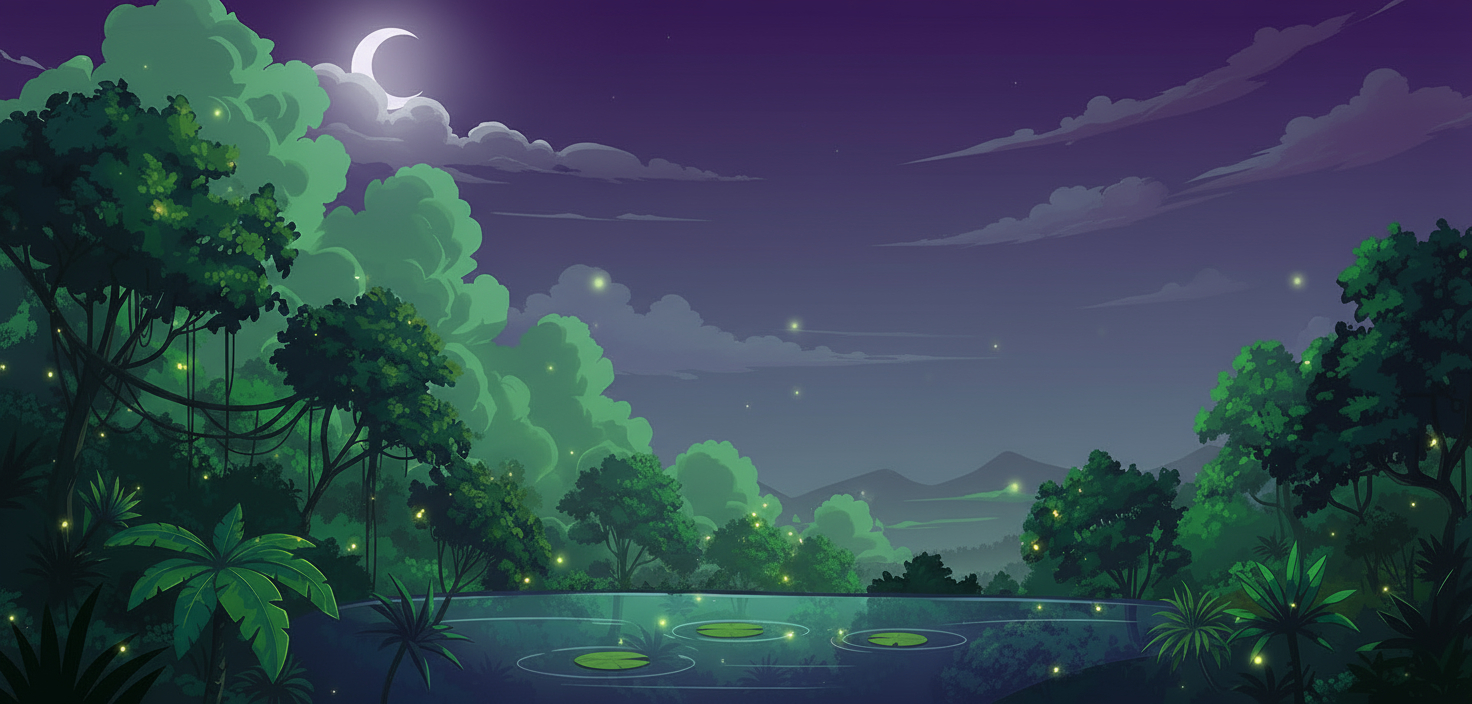 Mystical jungle scene with glowing fireflies